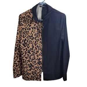 Sheilay Women' Half Animal Print & Half Solid Black Full Zip Blouse Size L 41326